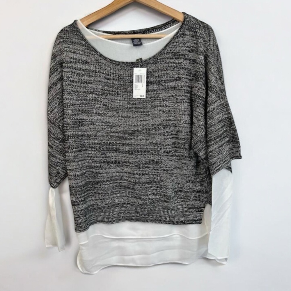Chelsea & Theodore Sweater Grey Size L White Layered Top Semi Sheer Hem